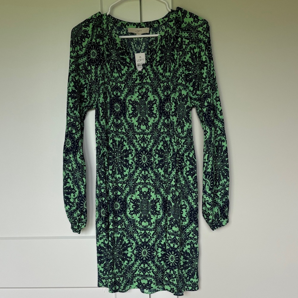 LOFT Green and Black Patterned Midi Dress